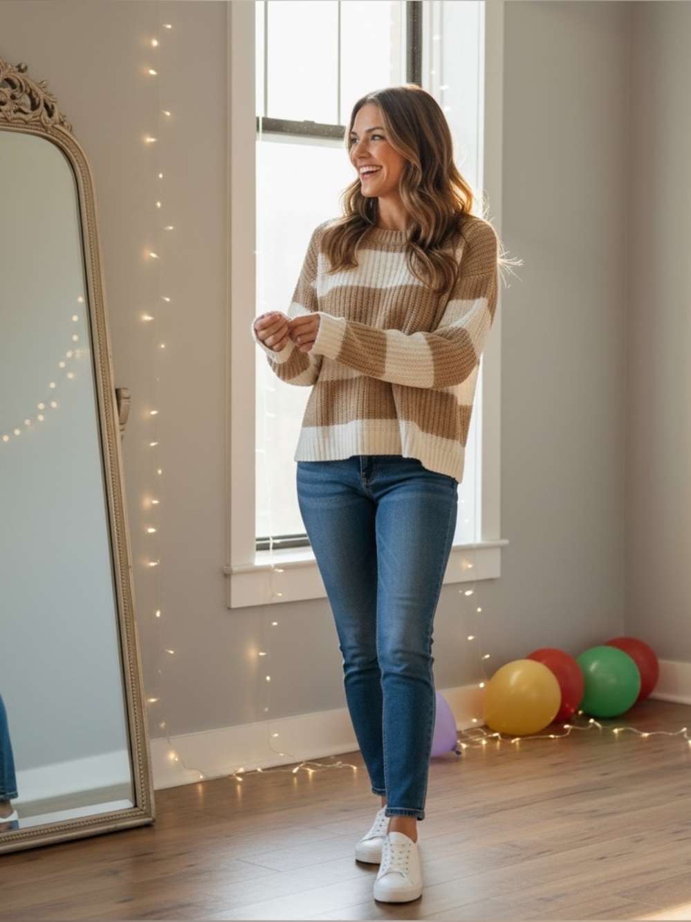 It's Our Time, Tan White Striped Chunky Knit Lace Up Side, Sweater Women’s Small